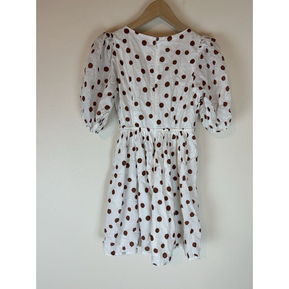 Abercrombie & Fitch XS Polka Dot Mini Dress Tie Cinch Front White Brown Puff - Picture 5 of 6
